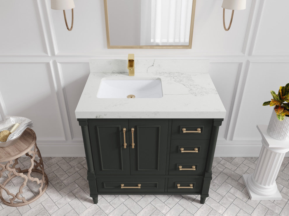Aberdeen 36 Left Offset Bath Vanity in Black Top 2" Calacatta Nuvo