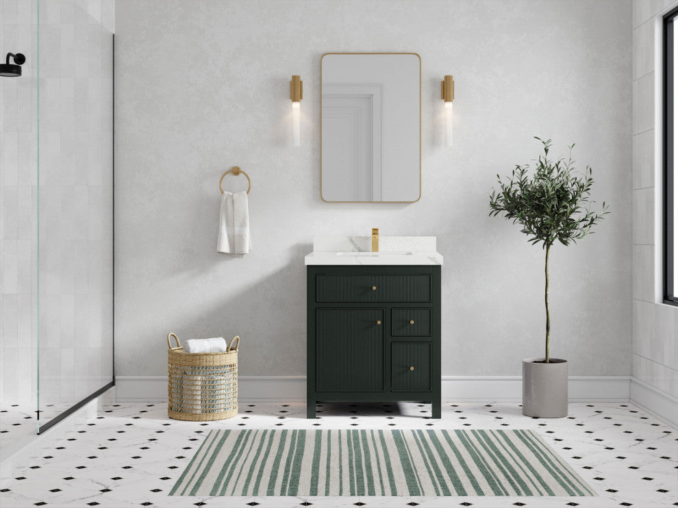 Sonoma 30 Single Sink Reeded Bath Vanity in Dark Forest Green 2" Calacatta Laza