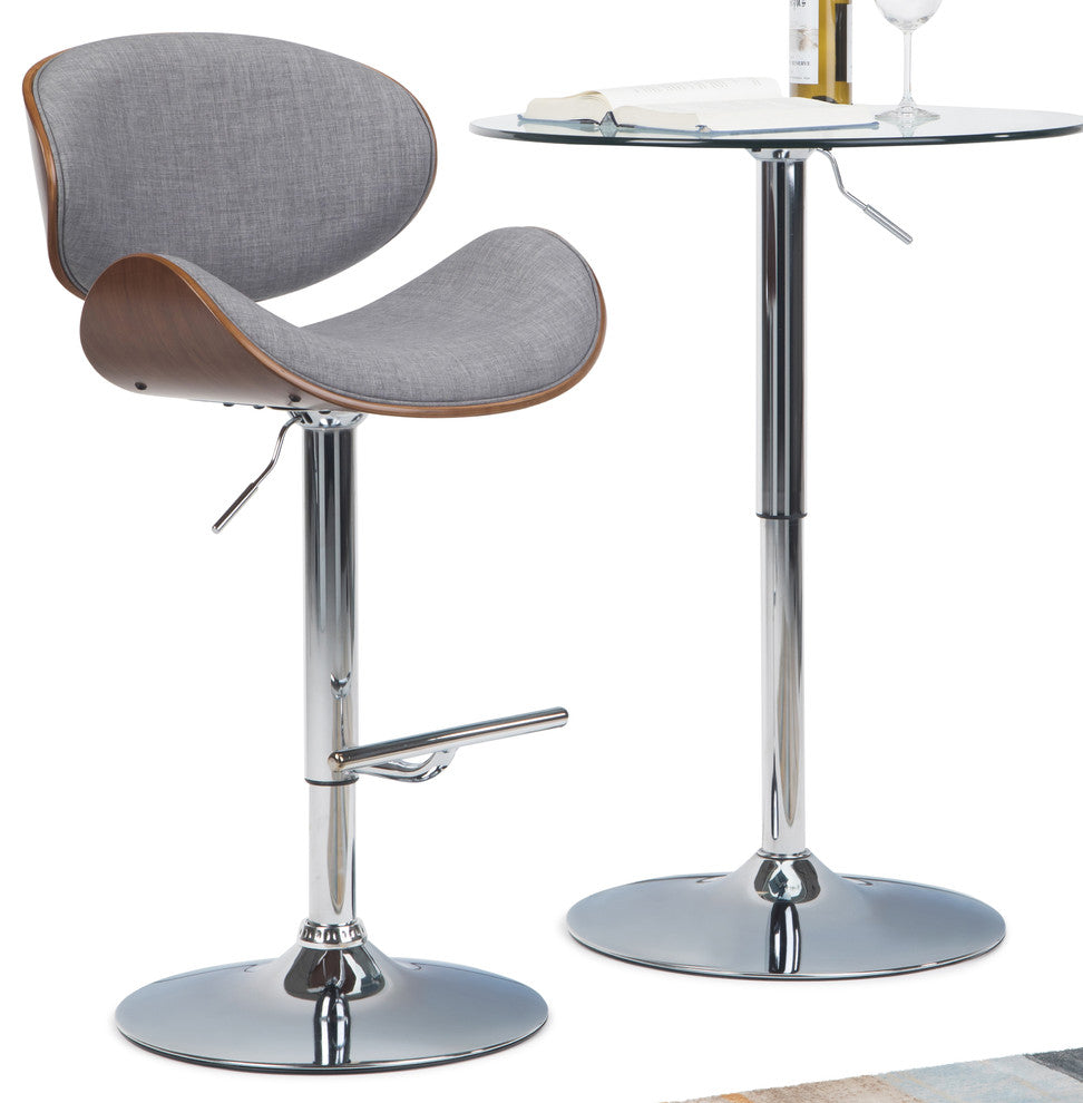 Marana Bentwood Adjustable Swivel Bar Stool, Gray Linen Look Fabric
