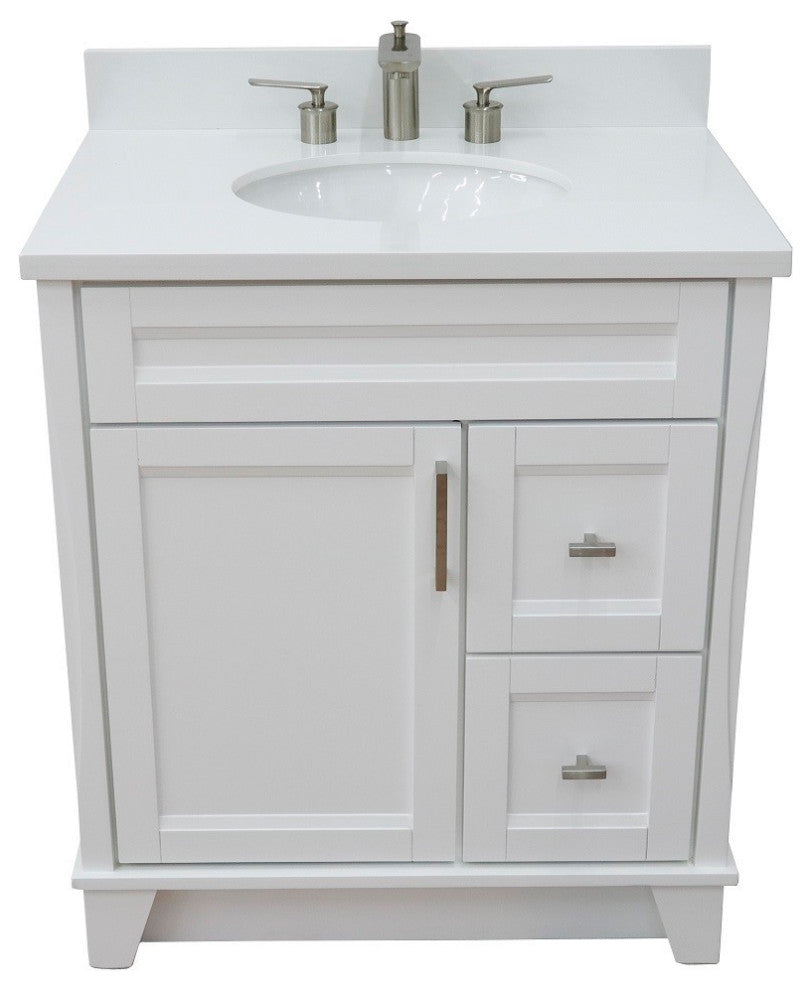 31" Single Sink Vanity, White Finish With Engineered Stone Top With Oval Sink