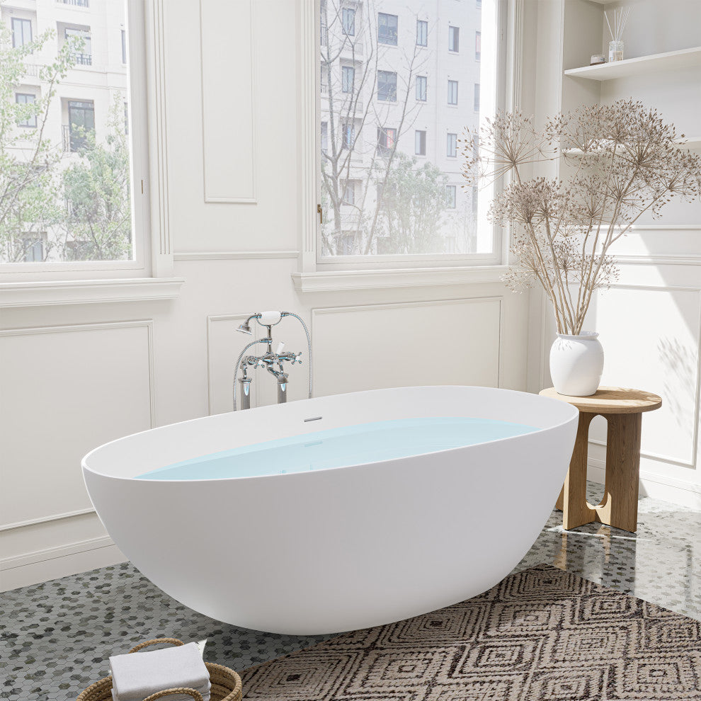 Giotto Flatbottom Freestanding Solid Surface Soaking Bathtub, Matte White, 59inch
