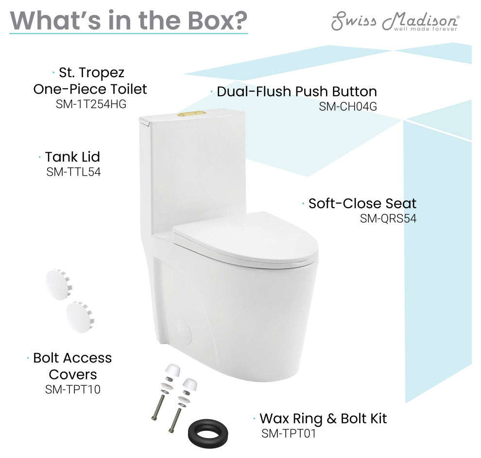St. Tropez Elongated Toilet, Dual Vortex Flush, Glossy White With Gold Hardware