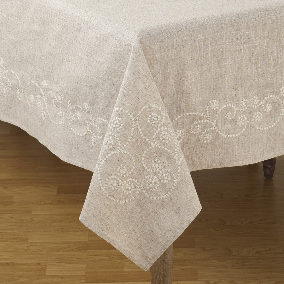 Embroidered Swirl  Natural Linen Blend Tablecloth, 67"x120"