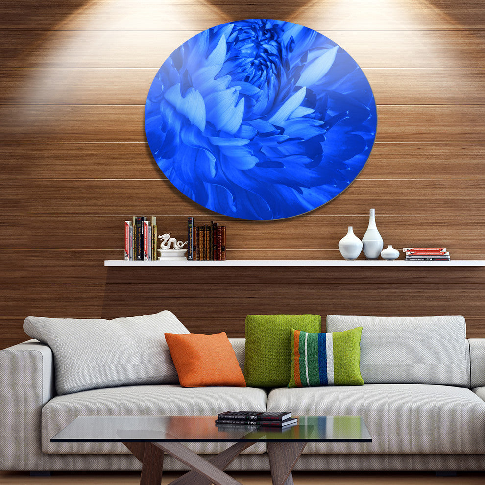 Bright Blue Flower Petals, Modern Floral Disc Metal Artwork, 11"