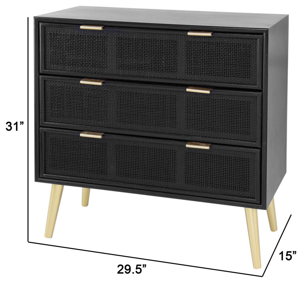 Benzara BM285092 Dresser Chest Cabinet, 3 Drawers, Woven Rattan, Modern, Gold