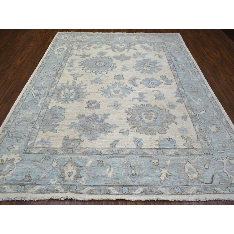 Ivory Hand Knotted Afghan Angora Oushak With Leaf Design Soft Wool Rug, 8'x9'9"