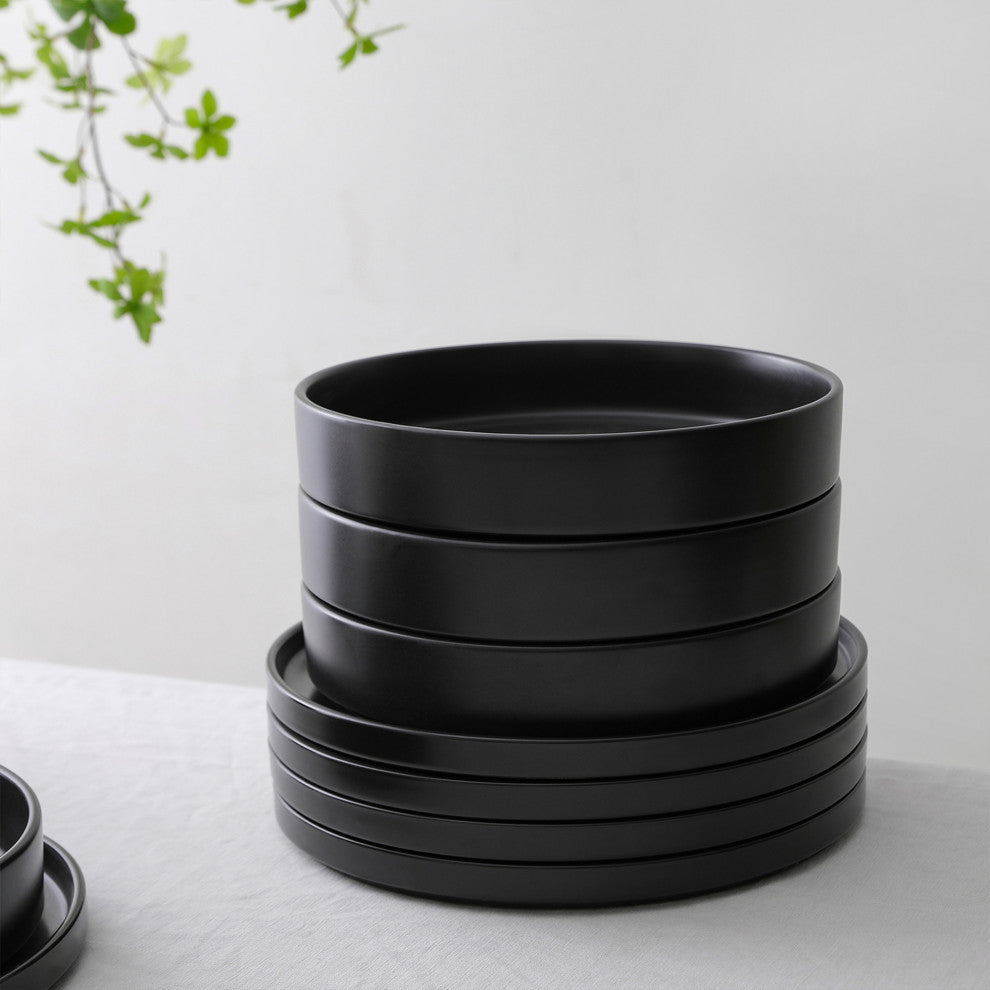 Stone Lain Celina Stoneware Dinnerware Set, Cereal and Dinner Bowls, Black, 12-Piece