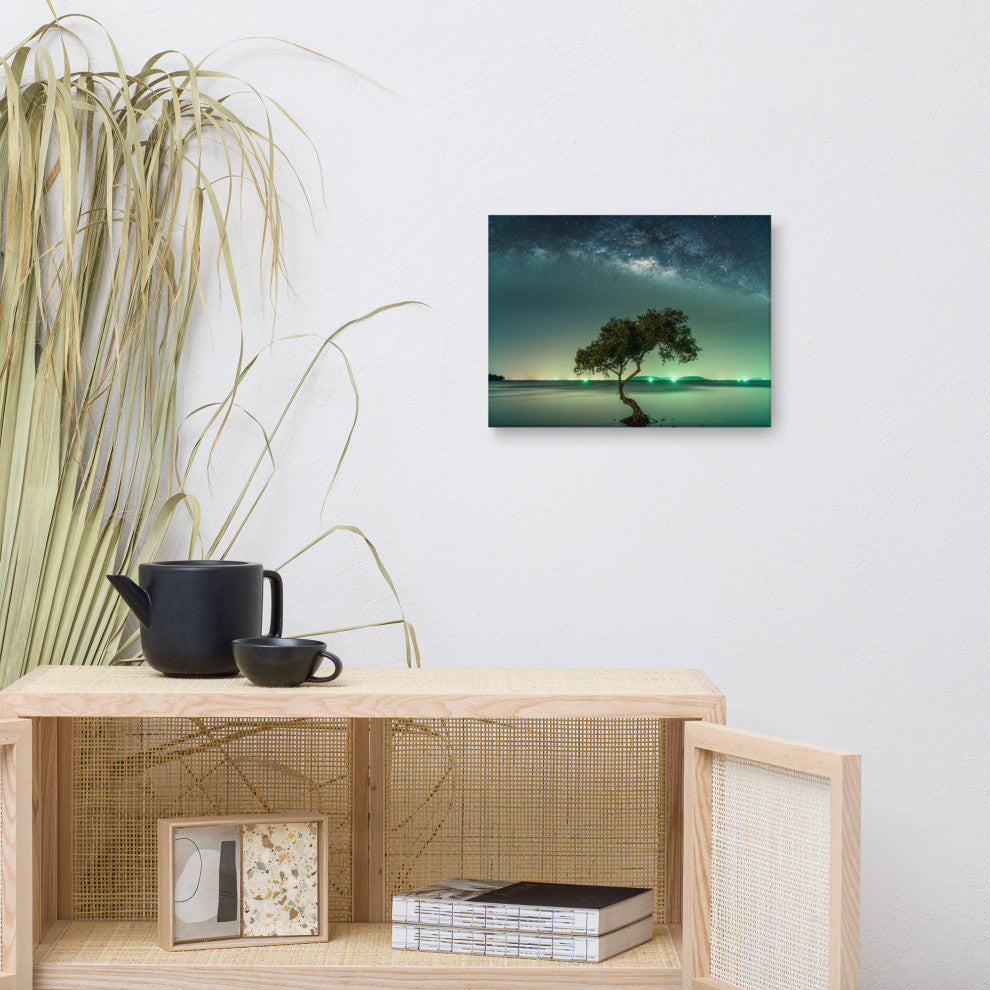 Glowing Milky Way Galaxy with Tree Canvas Wall Art Prints, 12" X 16"