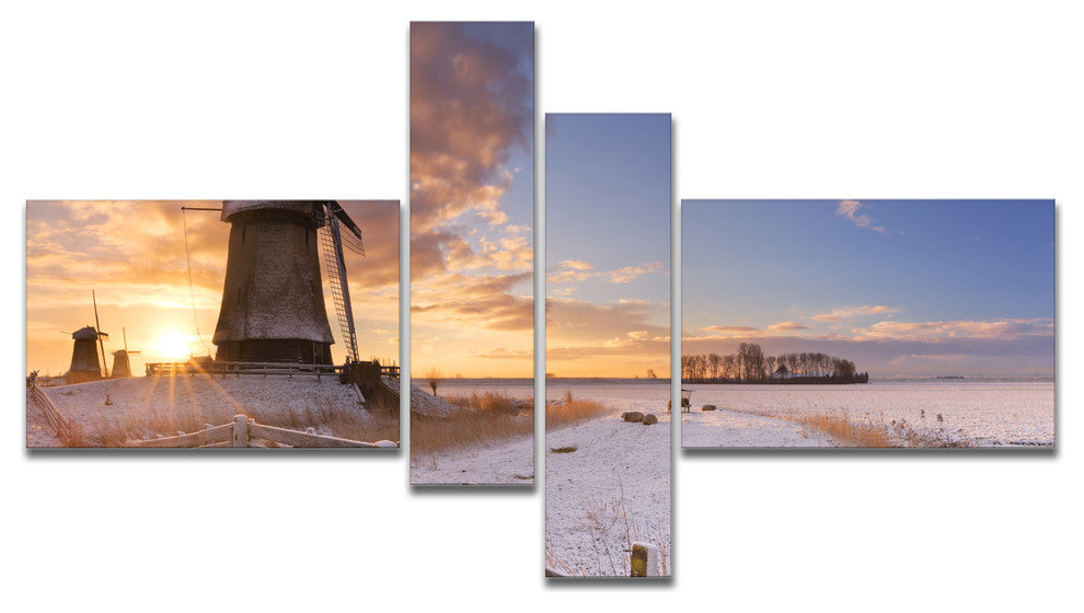 Dutch Windmills at Sunrise, Abstract Canvas Art Print, 60"x32", 4 panels