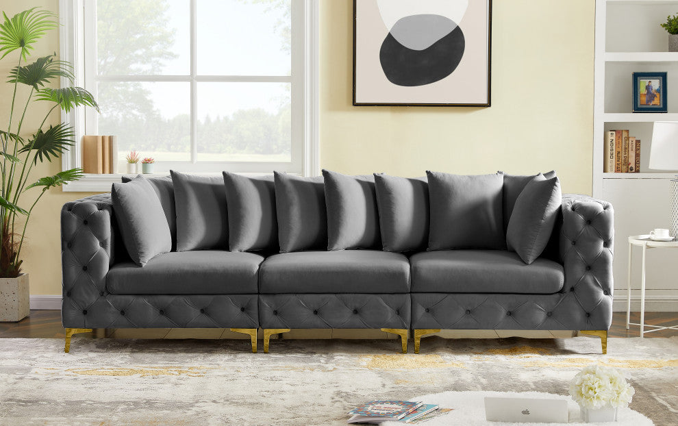 Tremblay Velvet Upholstered 3-Piece Modular Sofa, Grey