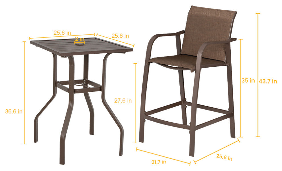 Aluminum Patio Bar Set Bar Stools and Table Set, Brown