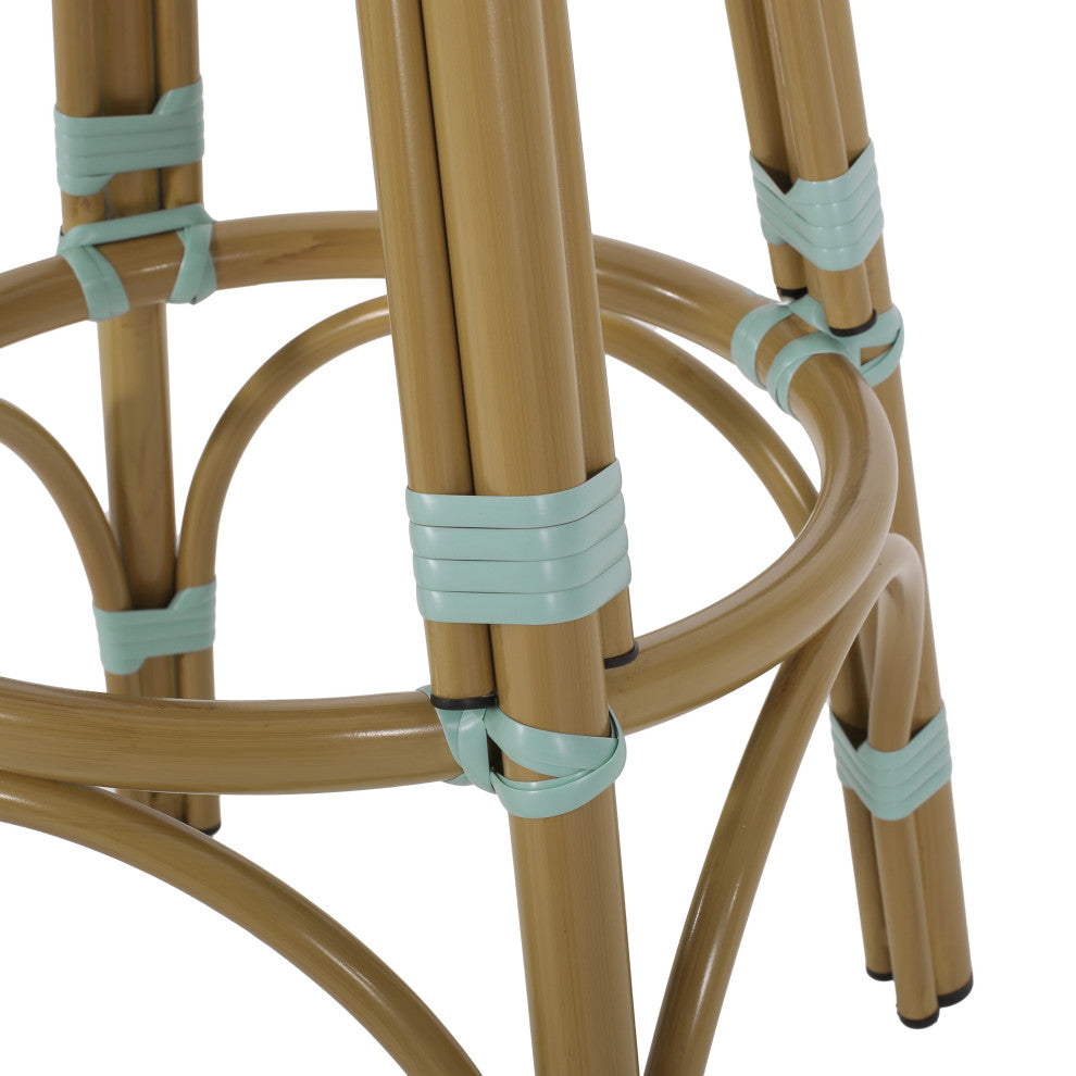 Dohney Outdoor French Aluminum 29.5" Barstools, Set of 2, Light Teal/White/Bamboo Finish