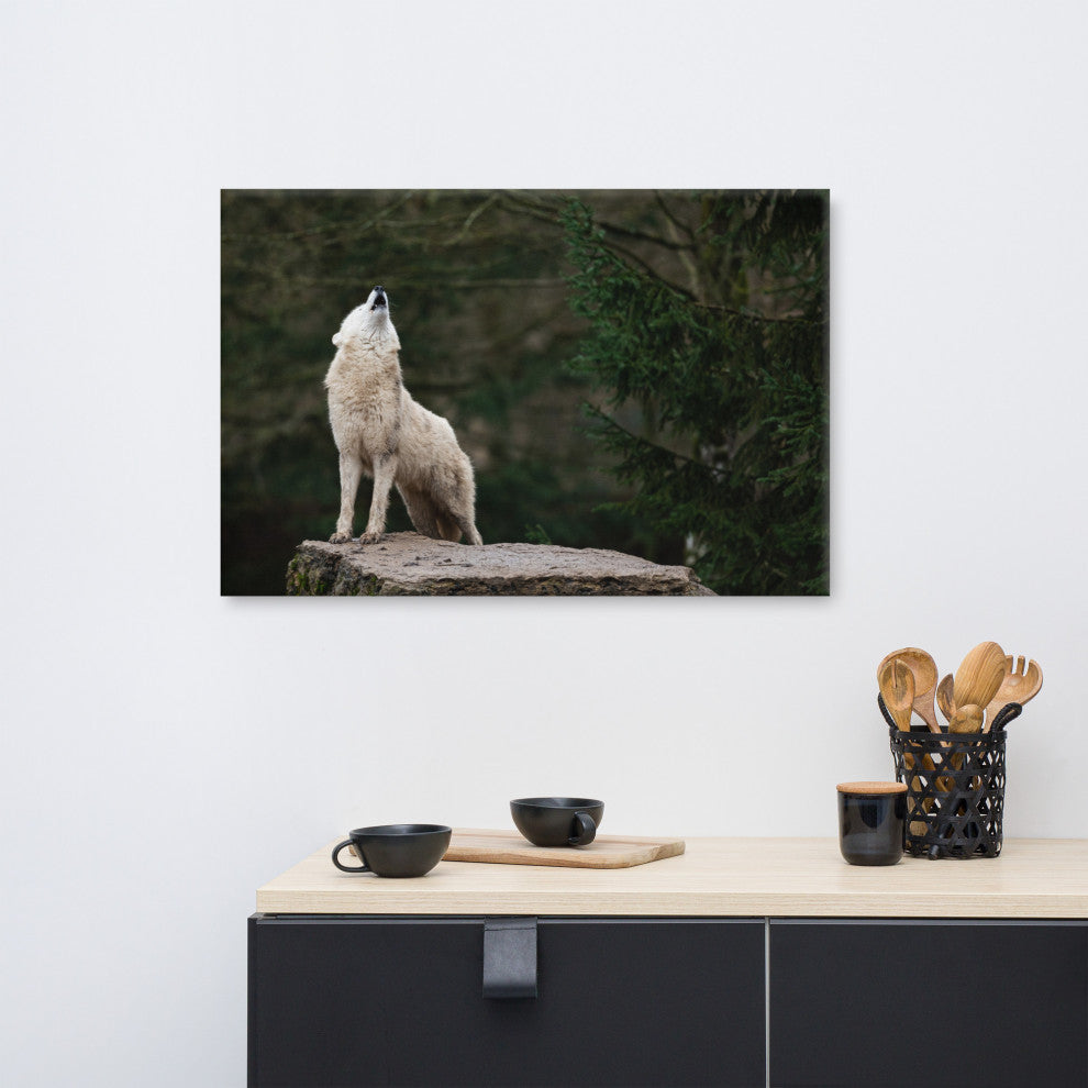Howling White Wolf In The Forest Wildlife Photograph Canvas Wall Art Print, 24" X 36"