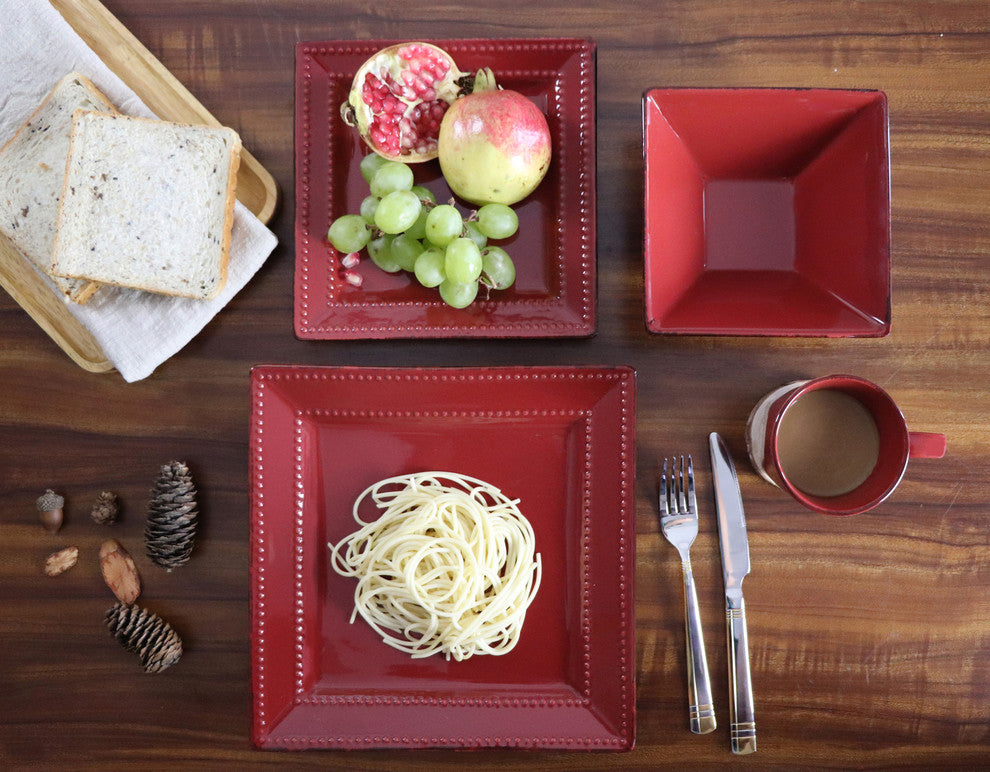 16 Piece Square Beaded Stoneware Dinnerware set by Lorren Home Trends, Red