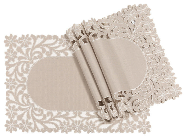 Florence Floral Cutwork Trimed Edge Placemats, Taupe, 14"x 20", Set of 4