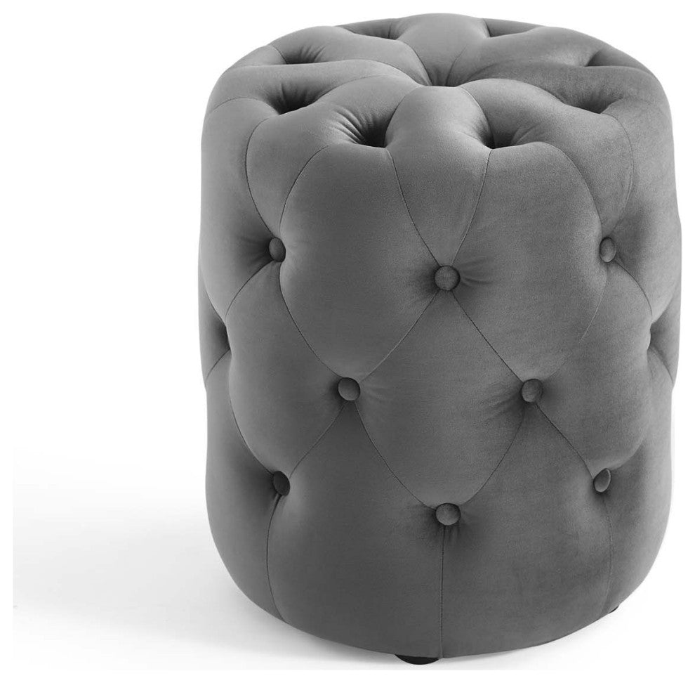 Tufted Accent Chair Ottoman, Round, Velvet, Gray, Modern, Lounge