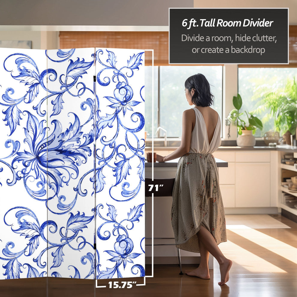 6' Tall Double Sided Blue Filigree Canvas Room Divider