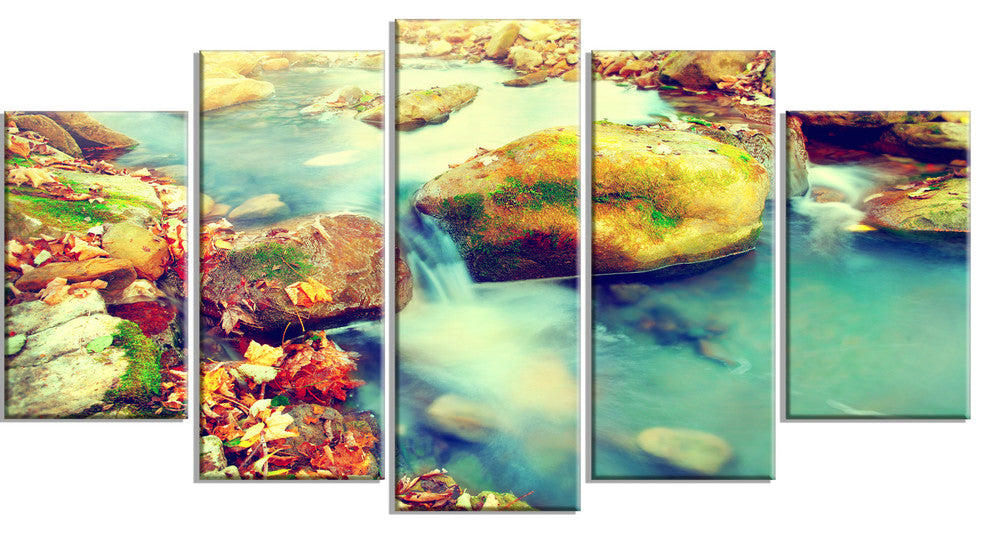 Mountain River with Stones, Large Seashore Canvas Wall Art, 60"x32", 5 Panels