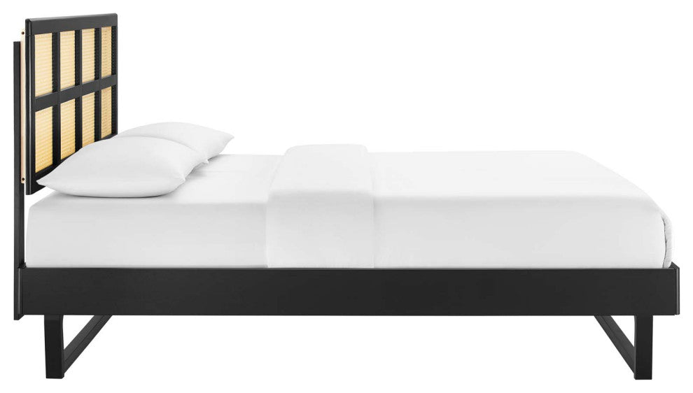 Sidney Cane and Wood Queen Platform Bed With Angular Legs