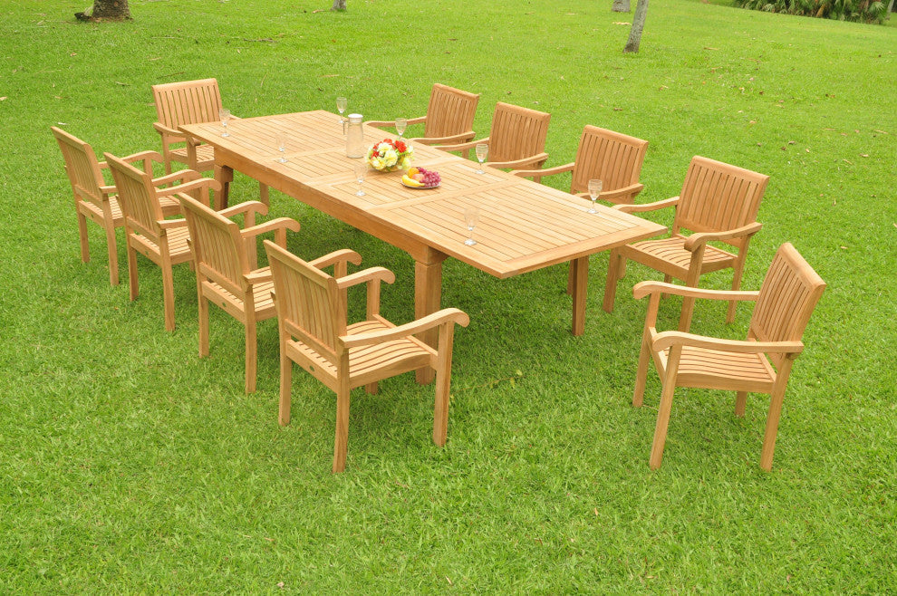 11 Piece Teak Dining Set, 122" Double Rectangle Table, 10 Nain Stacking Chairs