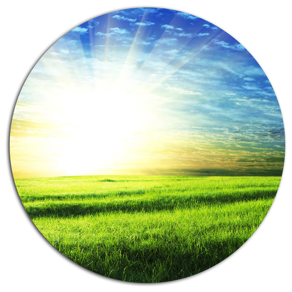 Bright Green Field At Sunrise, Landscape Disc Metal Artwork, 36"
