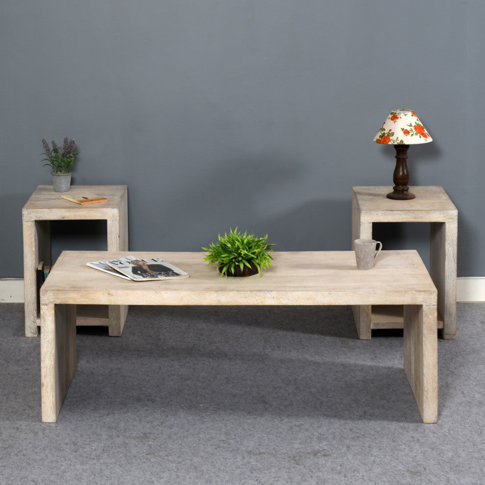 Mir 3-Piece Solid Wood Coffee and End Table Set, Brushed White Finish