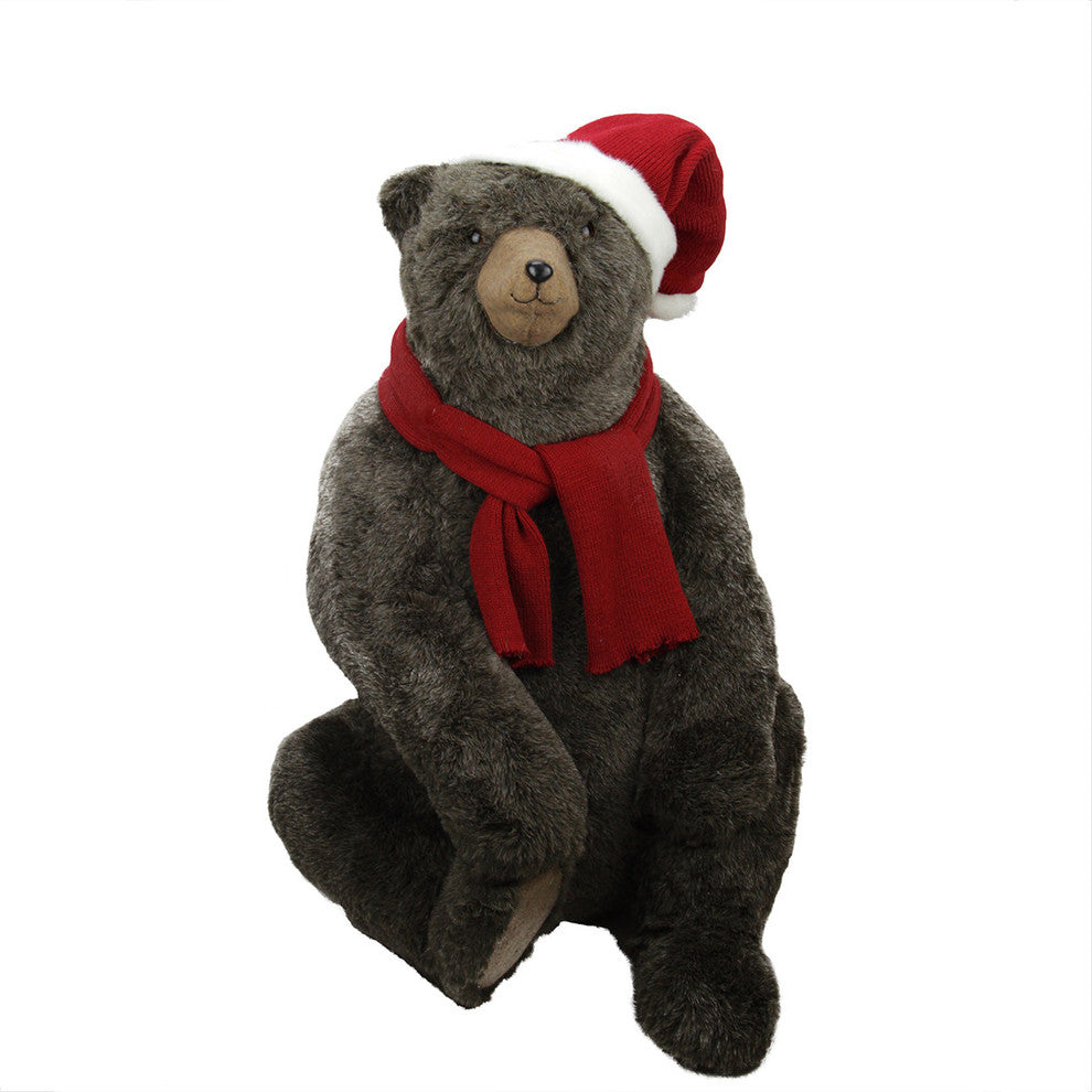 30" Sitting Plush Brown Bear Christmas Decoration Wearing Hat and Scarf