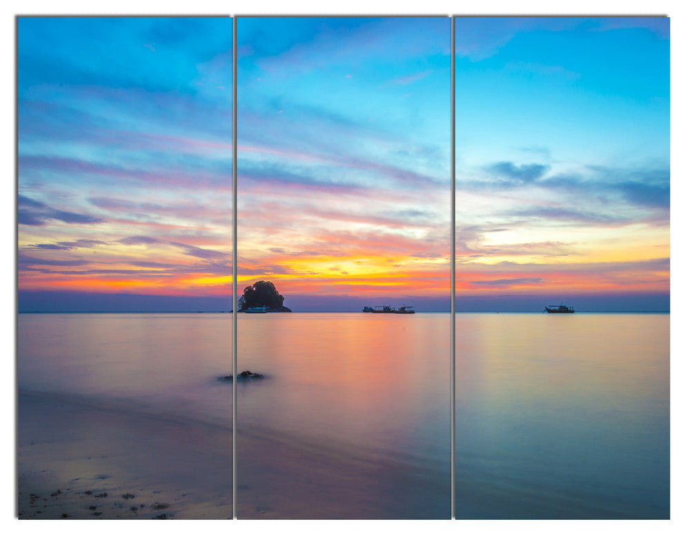 Bluish Calm Sunset and Seashore, Large Seashore Canvas Wall Art, 36x28, 3 Panels