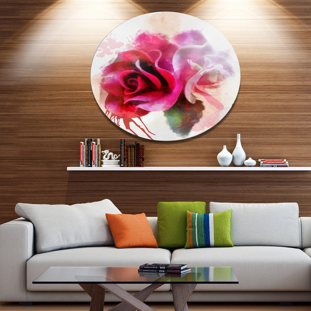 White Red Roses With Color Splashes, Floral Disc Metal Artwork, 23"