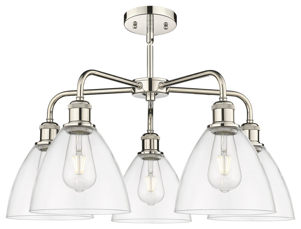 Bristol Glass 5-Light 26" Stem Chandelier, Polished Nickel Finish, Clear Shade