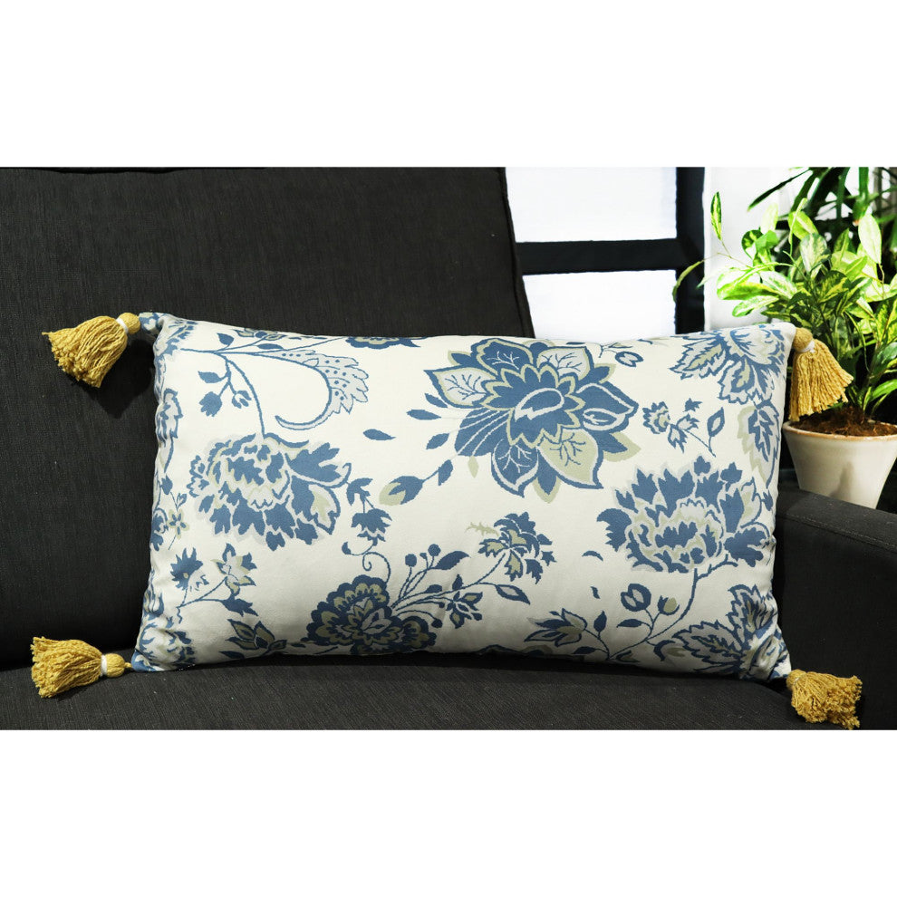 Blue & White Machine Woven with Tassels Nadine Throw Pillow, 16" x 26"