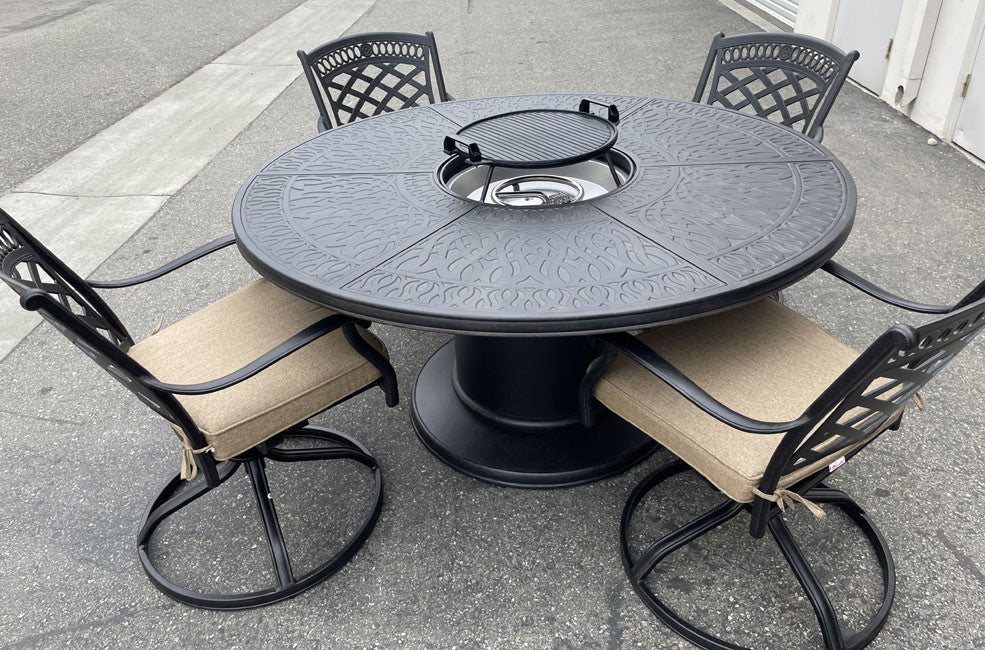 Outdoor conversation set with fire pit grill table and 6 swivel rockers.