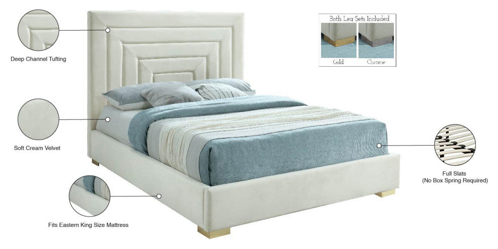 Nora Velvet Upholstered Bed, Cream, King