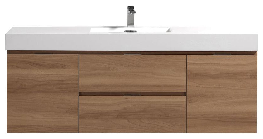 Bliss 60'' Wall Mount Single Sink Modern Bathroom Vanity, Honey Oak