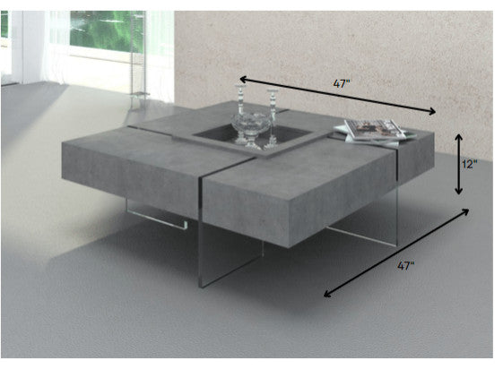 Modern Gray Faux Concrete and Glass Floating Coffee Table