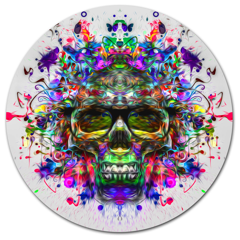 Skull With Glasses And Paint Splashes, Abstract Disc Metal Artwork, 11"