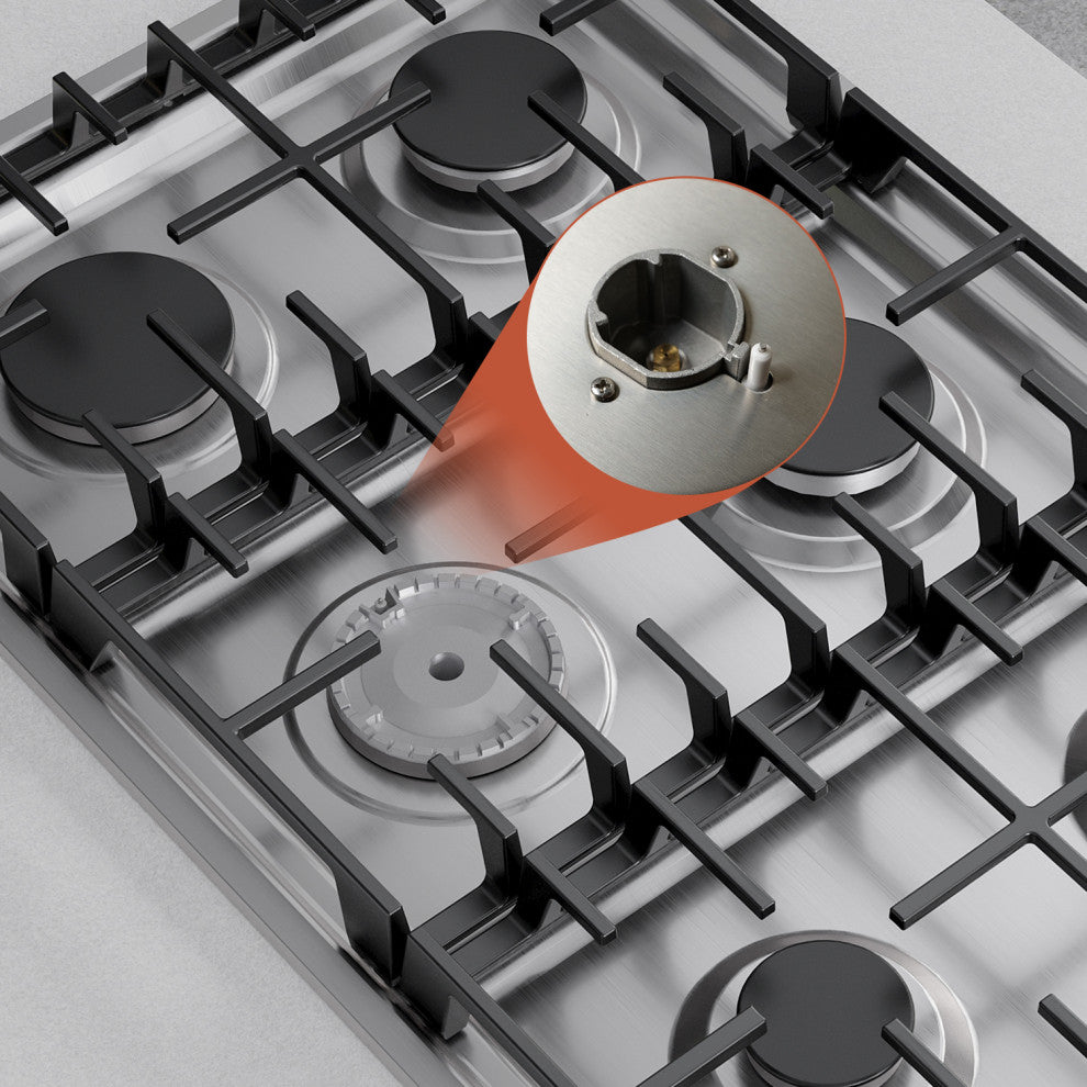 Gas Cooktop With 6 Sealed Burners Cast Iron Grates LPG/NG Convertible