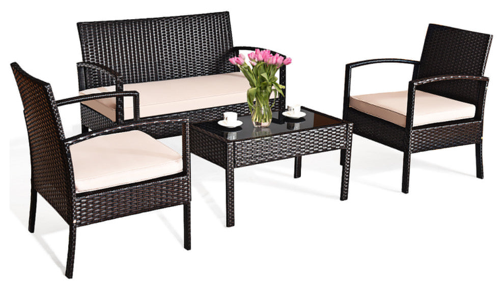 Goplus 4 PCS Outdoor Garden Black Rattan Wicker Sofa Set Furniture Cushioned