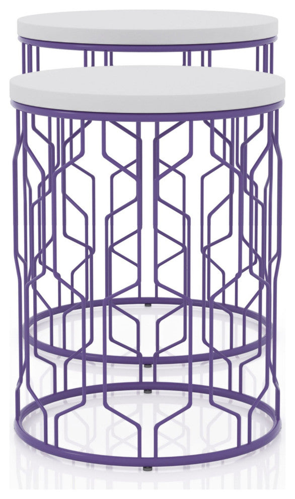 Set of 2 Nesting Nightstand, Geometric Metal Base With Round Top, Purple