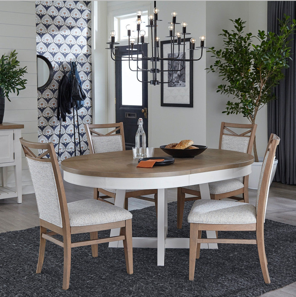 48" Round Extendable Dining Table and 4 Upholstered Chairs