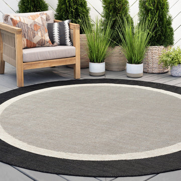 Dania Transitional Solid Border Black/Cream Round Indoor/Outdoor Area Rug, 8'