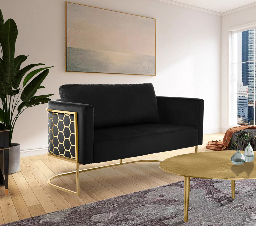 Casa Velvet Upholstered Loveseat, Black, Gold Finish