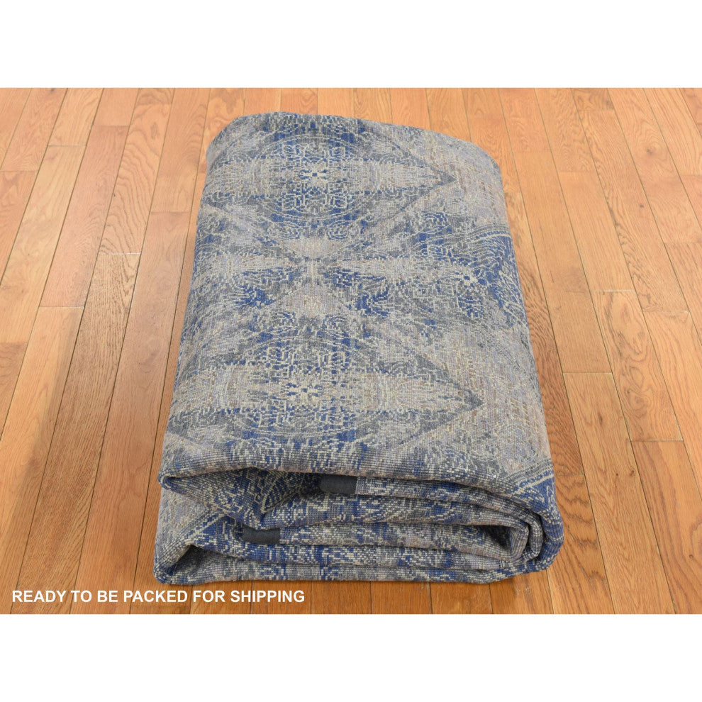 Blue Silk With Wool Erased Rosette Design Hand Knotted Oriental Rug 8'9"x12'