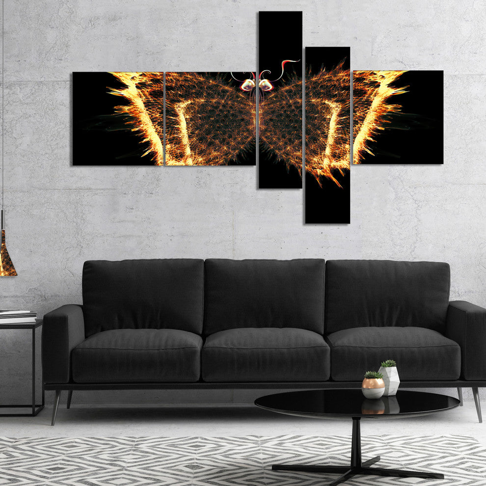 Fire Fractal Butterfly in Dark, Abstract Canvas Art Print, 60"x32", 5 panels