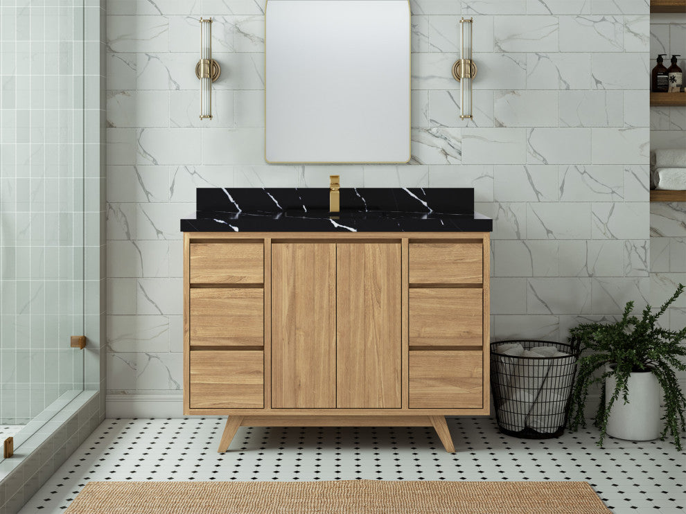 Madison Teak 48" Single Sink Bath Vanity in Light Natural 2" Calacatta Black
