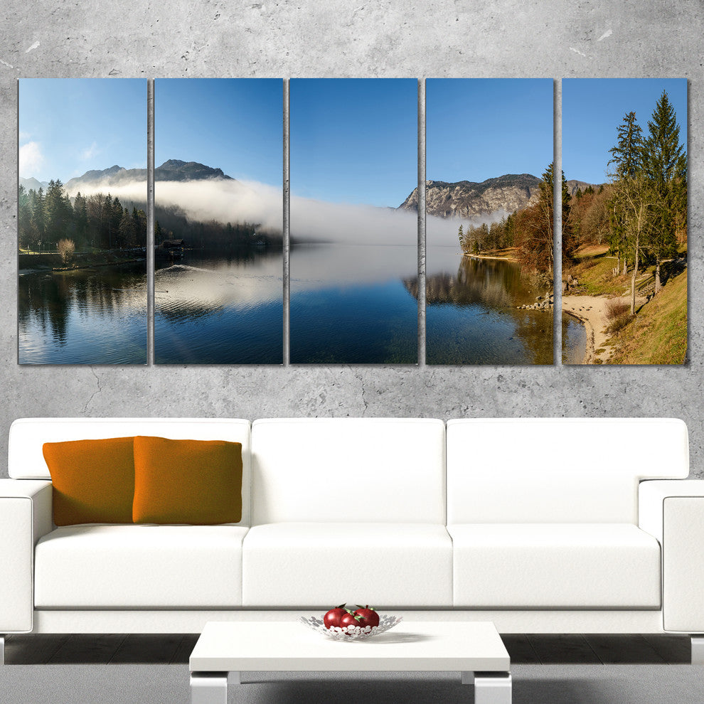 Bohinj Lake Panorama, Seashore Canvas Art Print, 60"x28", 5 Panels