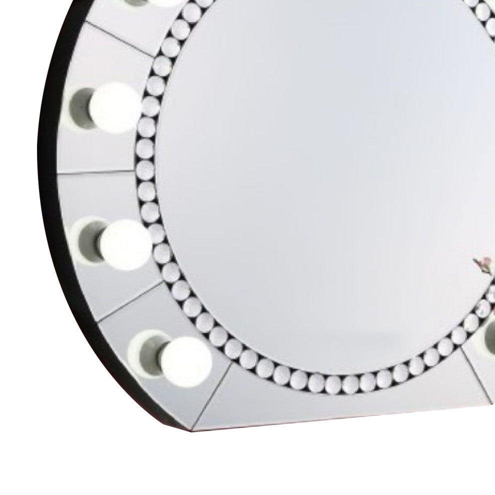 Benzara BM274652 Round Lighted Mirror, 11 Bulb Sockets, Faux Diamonds, Silver