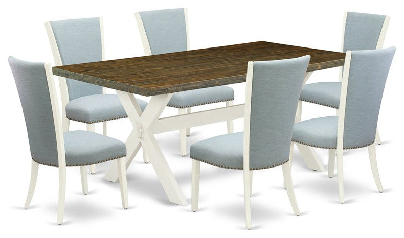 X077Ve215-7, 7-Piece Set, 6 Baby Blue Linen Fabric Chair and Table, Linen White