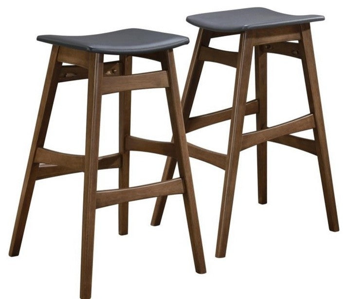 Mid-Century Modern Angled Walnut Wood Bar Stools Set of 2
