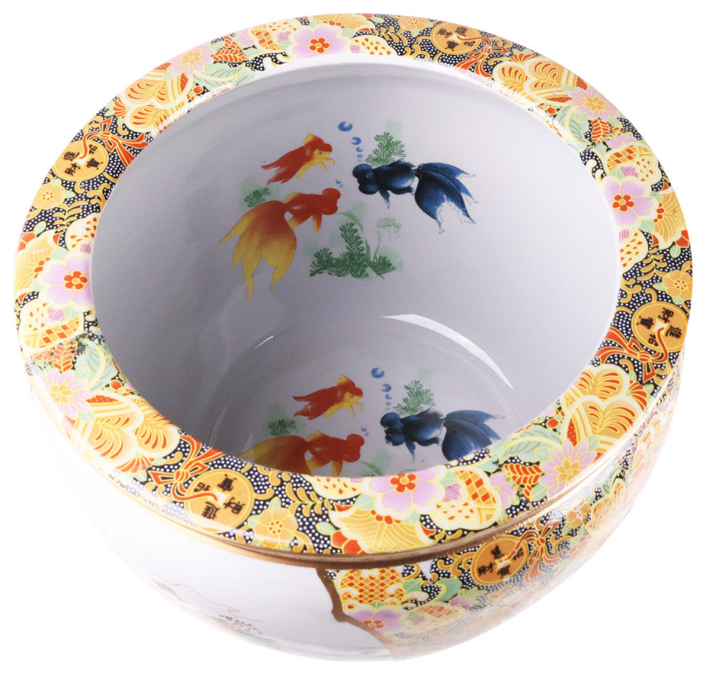 Chinese Porcelain Fish Bowl Planter, Satsuma Peacocks, 14"